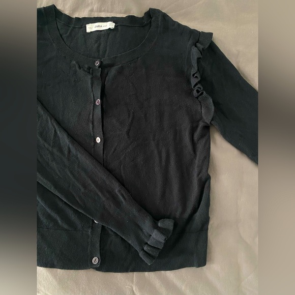 Zara black cardigan with ruffles on the cuff and shoulder. Size: Large - Picture 1 of 3